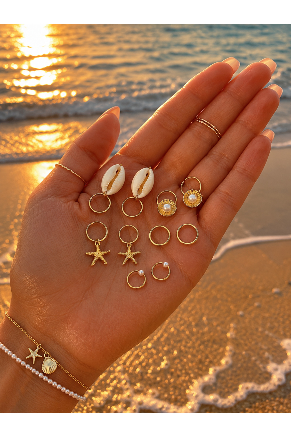 Kadın Gold Deniz Kabuğu/Yıldızı İncili Saç Süsü 10 adet — saçsüsü — تصویر 5 از 5