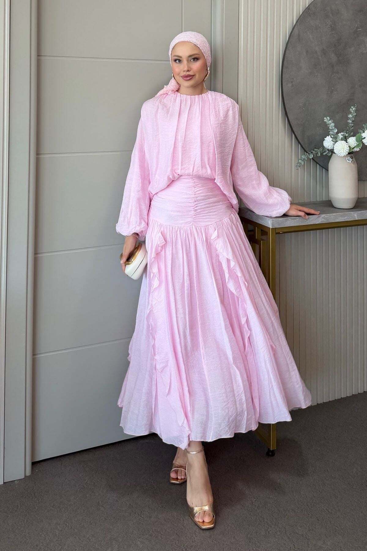 Hazamoda Coral Ruffle Detail Skirt Suit Pink