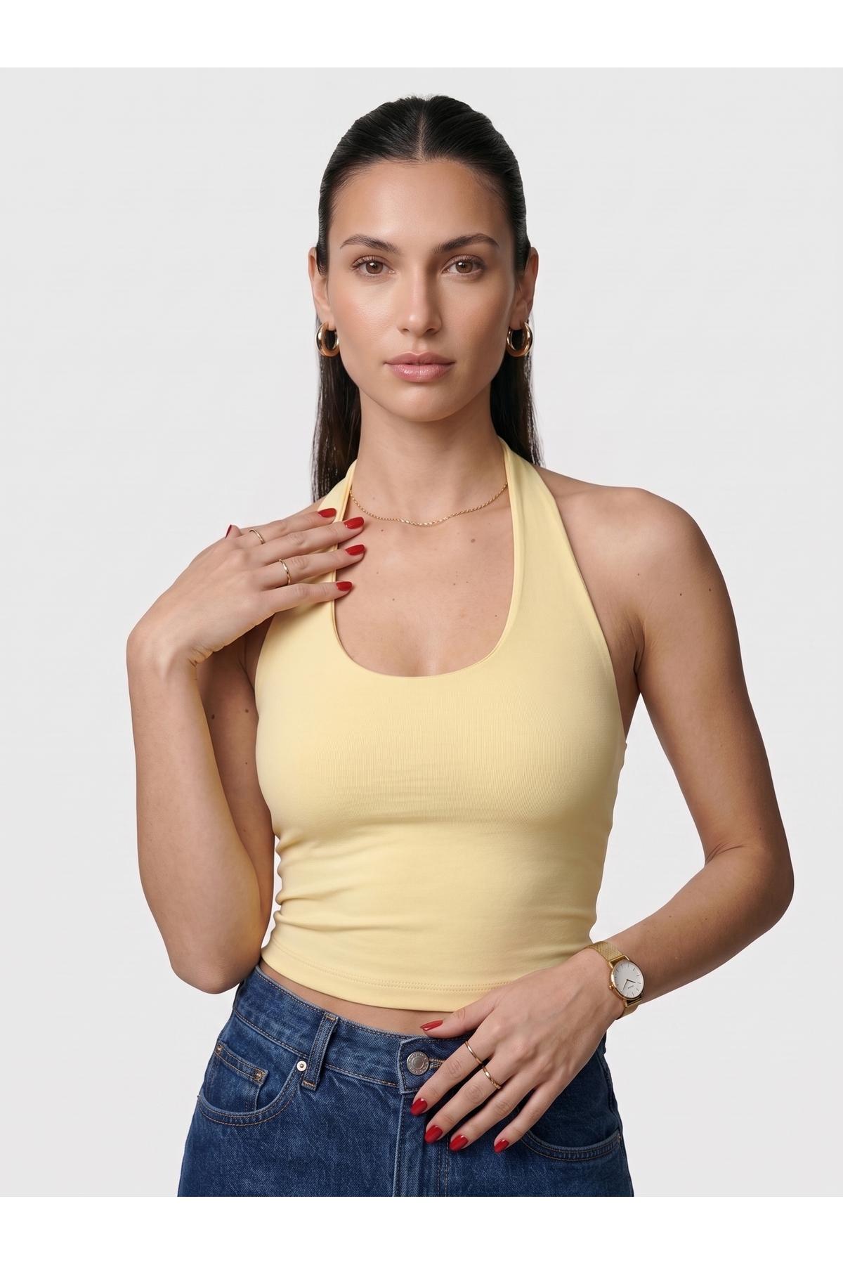 Kadın Halter Yaka Dar Kalıp Sırt Dekolteli Slim Fit Basic Body - Sarı 2