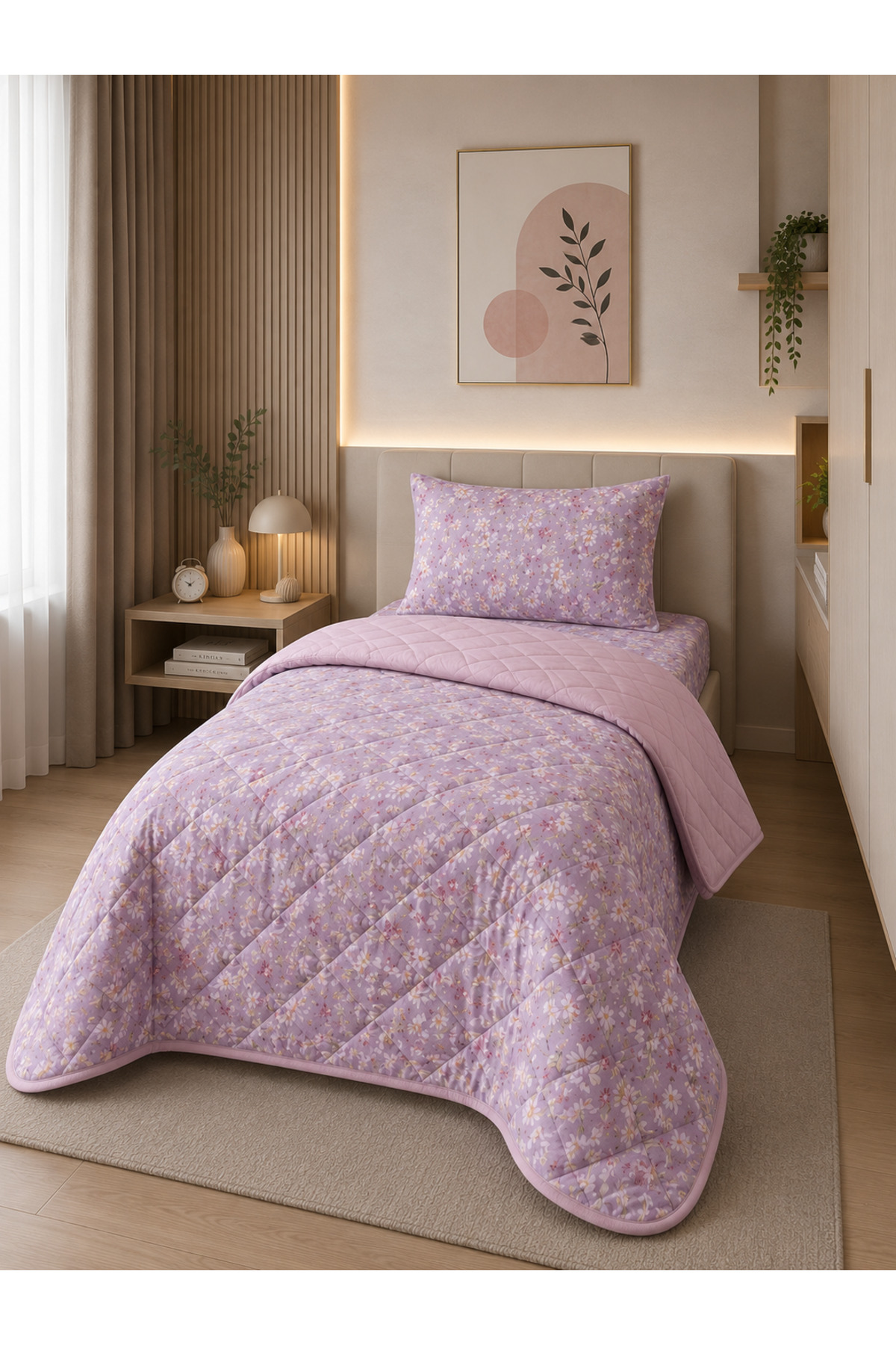 LilaMOON Lila Renkli Tek Kişilik Desenli Kapitone Pike Yatak Örtüsü Takımı (Pike+Yastık Kılıfı)
