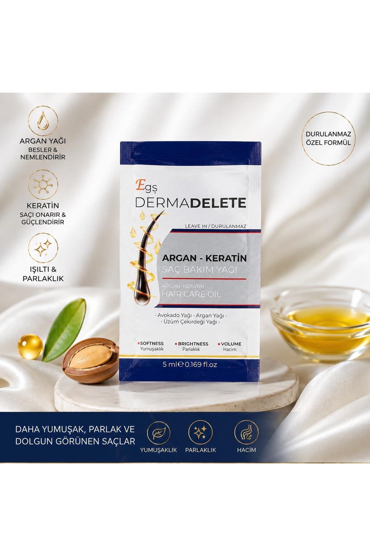 Egş DERMA delete TEK KULLANIMLIK ARGAN KERATİN KOMPLEX SAÇ BAKIM YAĞI 5 ml — 1150
