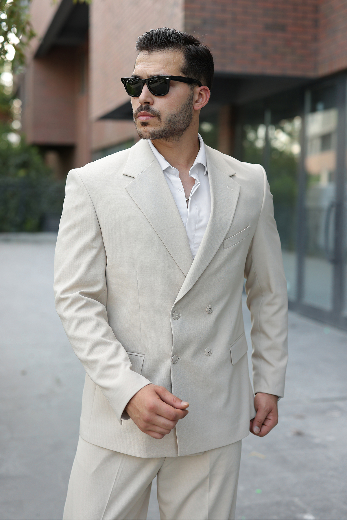 SABRİ ZENGİN Erkek Bej Oversize Kruvaze Takım Elbise görsel 3
