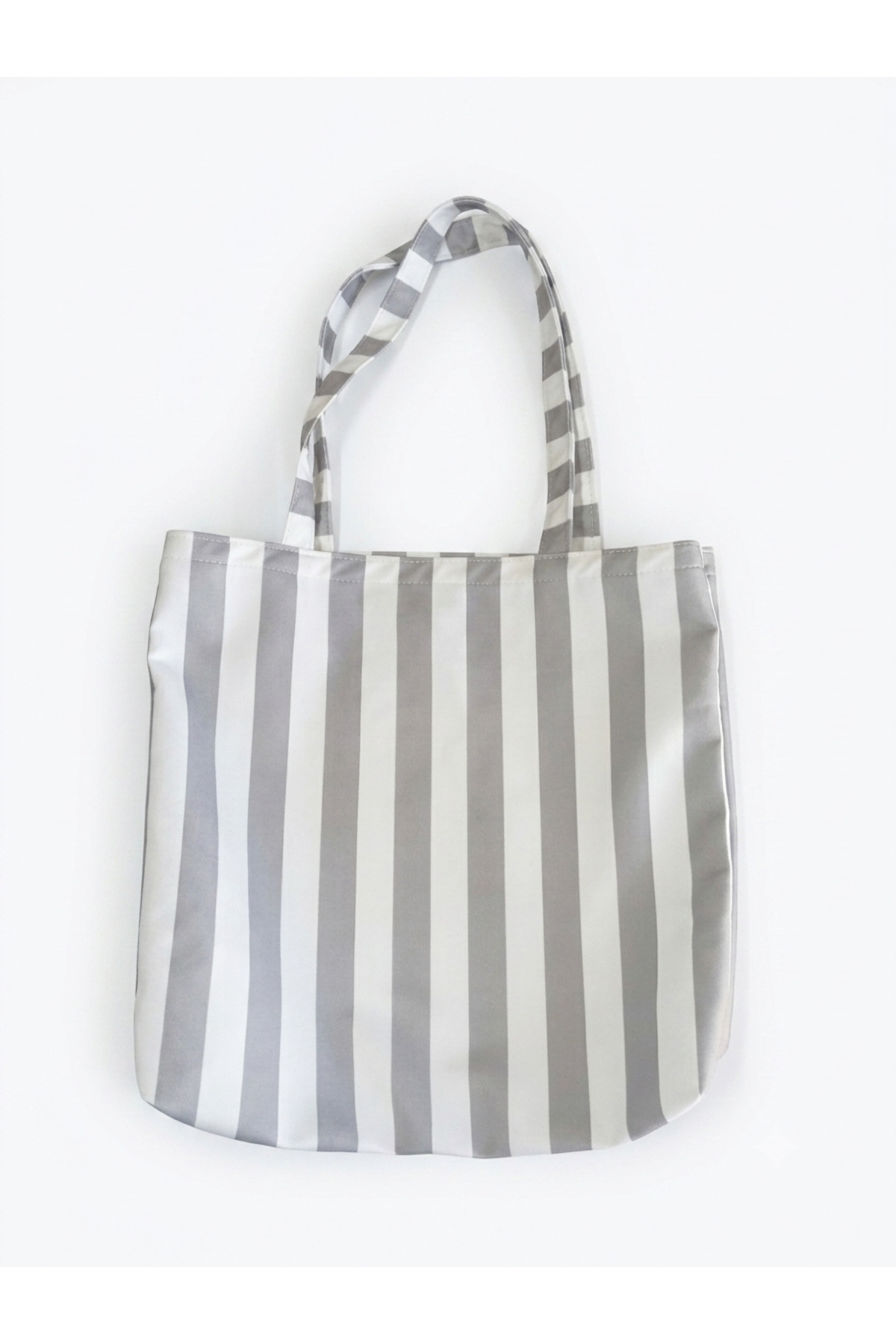 İkra Butik Çizgili Plaj Ve Günlük Omuz Çantası - 40x40 cm (Gri/Beyaz) görsel 3