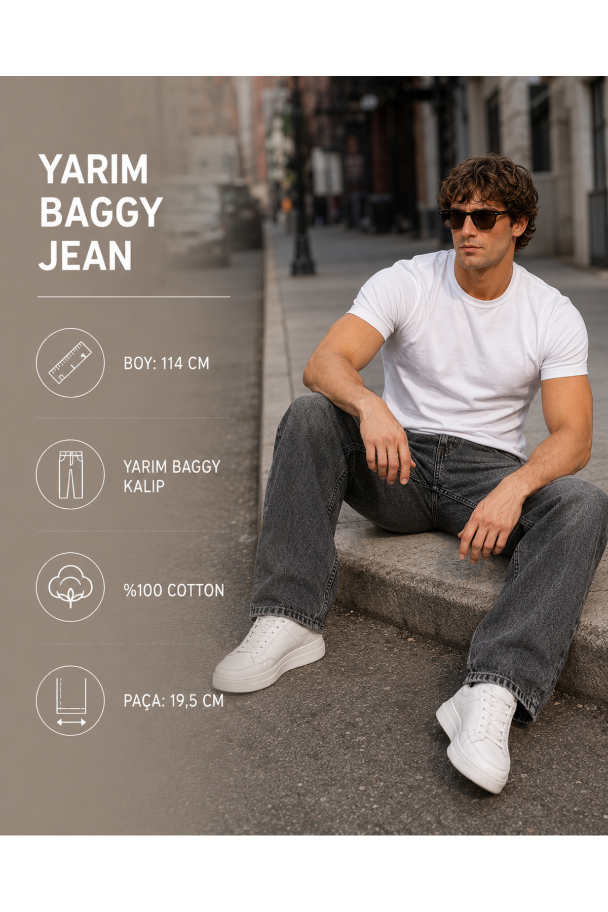 fashionistanbul Erkek Antresit Siyah Baggy Jean Pantolon Rahat Kalıp Geniş Paça Denim Kot görsel 3