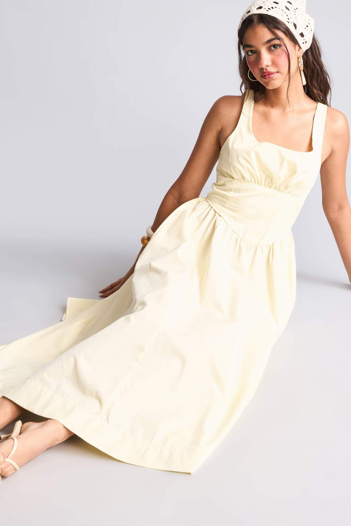 Defacto 100% Cotton Square Collar Poplin Strap Midi Dress I3705Ax26Sm