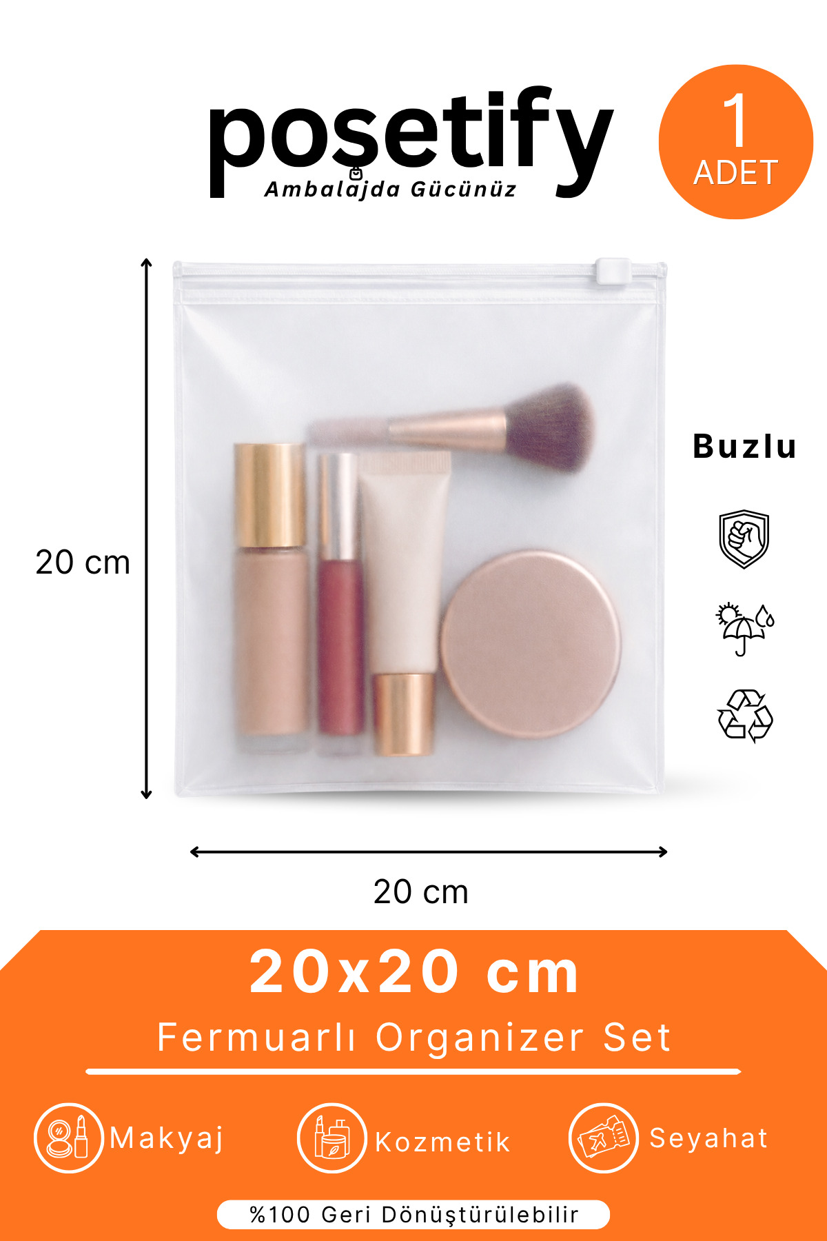 Fermuarlı Organizer 20x20 Cm | 1 Adet | Buzlu Şeffaf Makyaj Çantası, Kozmetik ve Çok Amaçlı Torba — PS-FO-2020-01