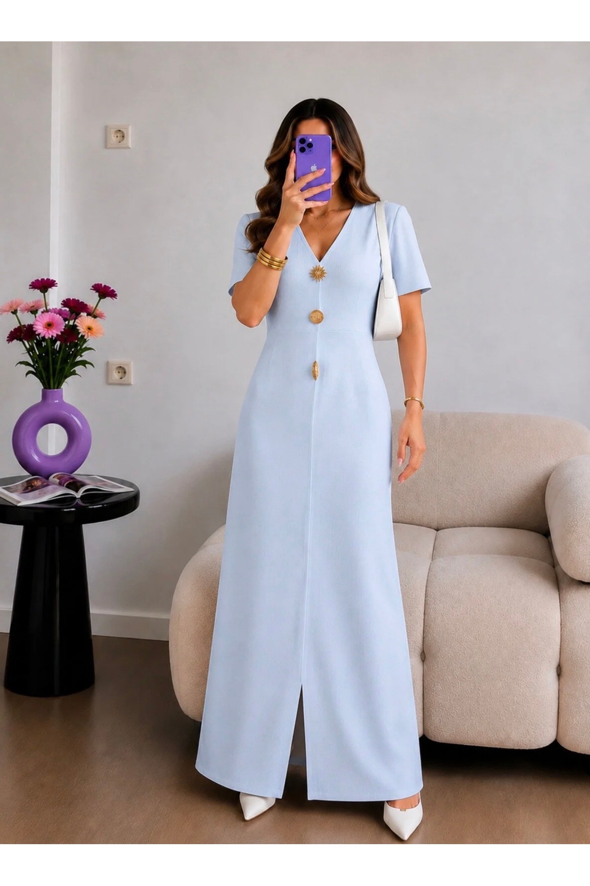 Ekim Store Blue Gold Buttoned Slit V-Neck Long Dress