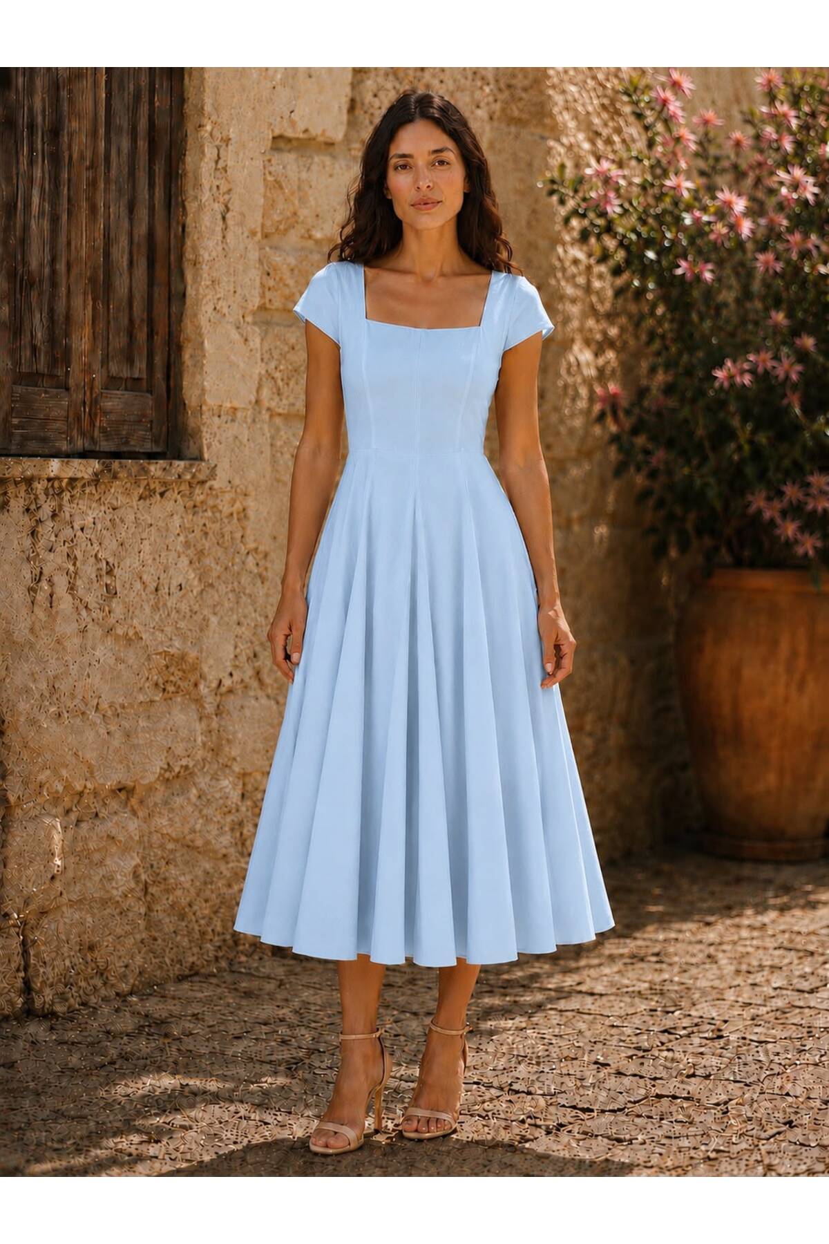 KÜÇÜĞÜM BUTİK Baby Blue Square Neck Multi-Piece Flared Dress