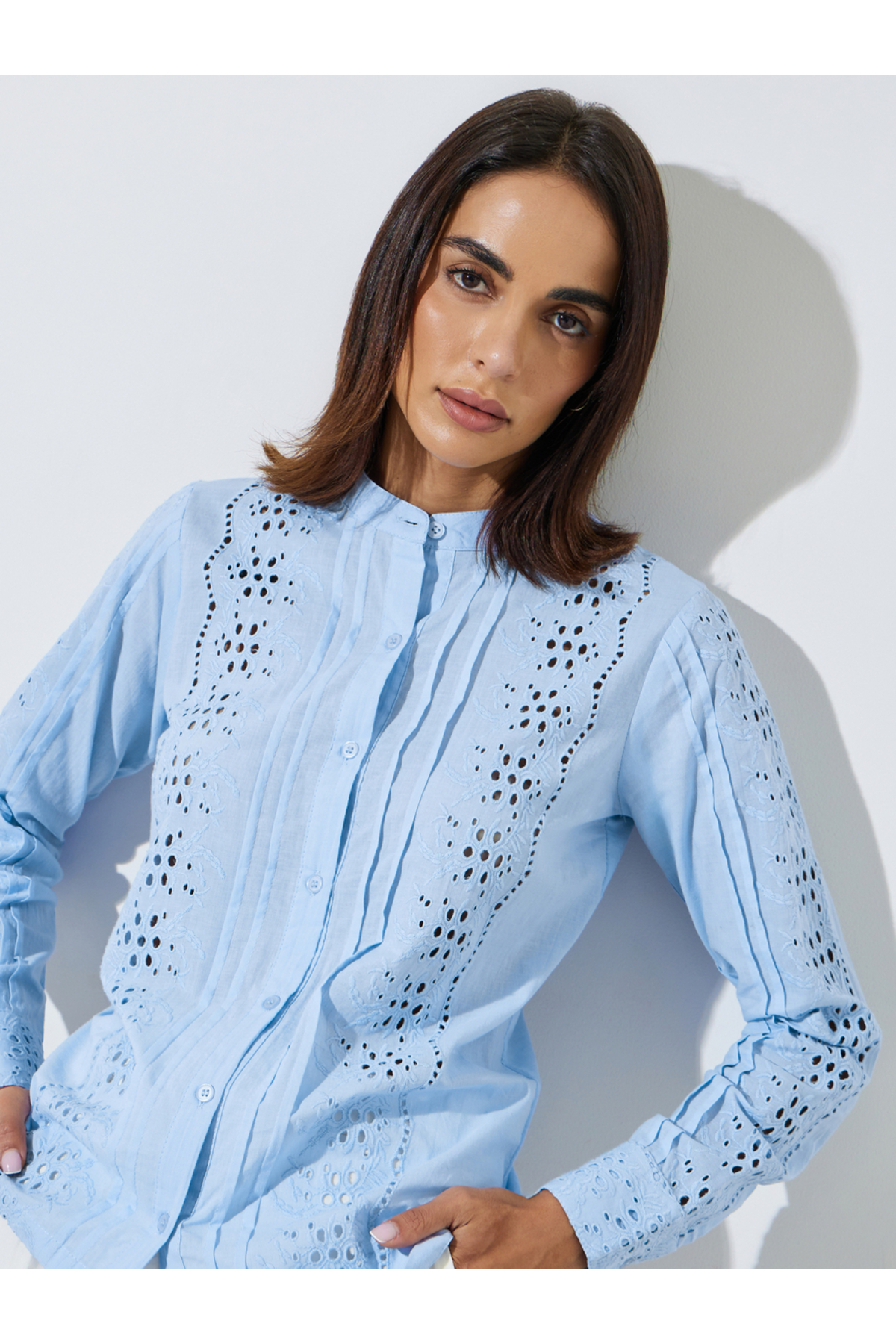 Styli Blue Cotton Schiffli Long Sleeves Blouse