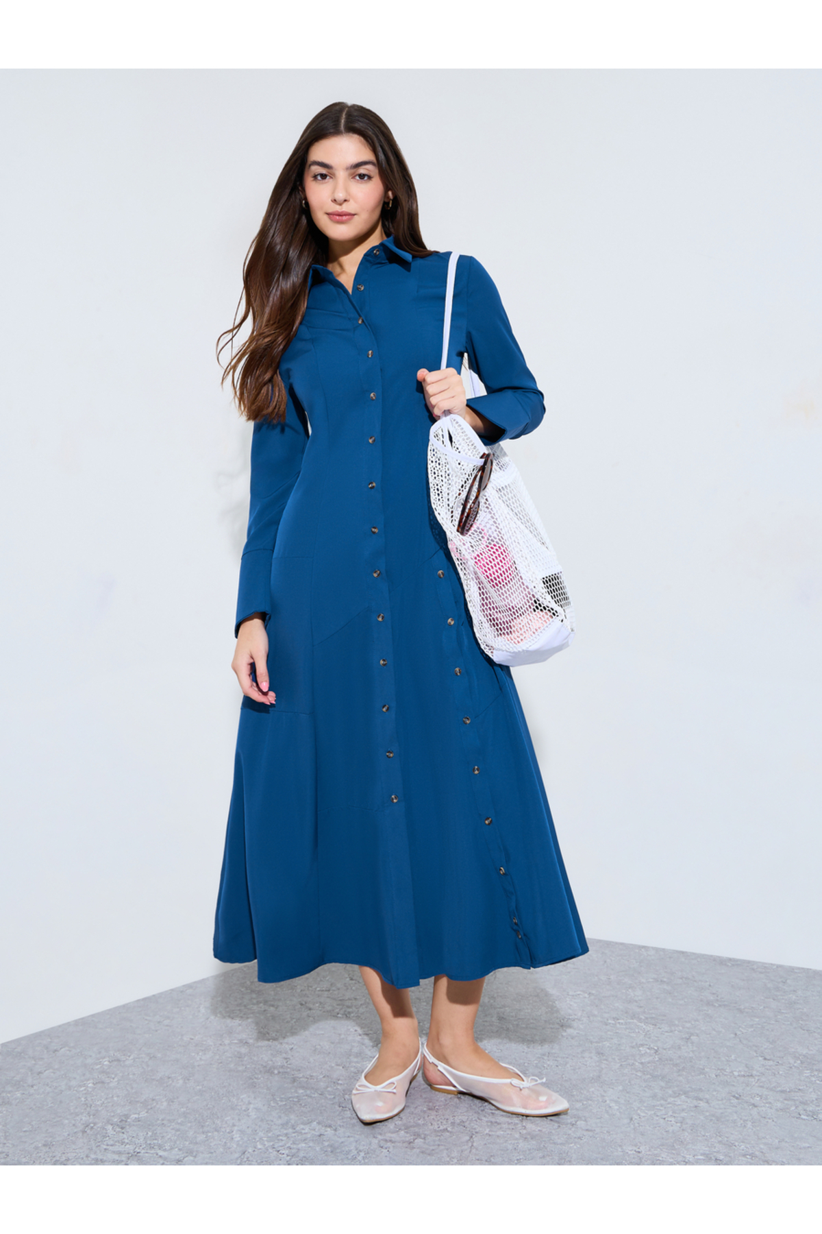 Styli Blue Button-Down Shirt Maxi Dress