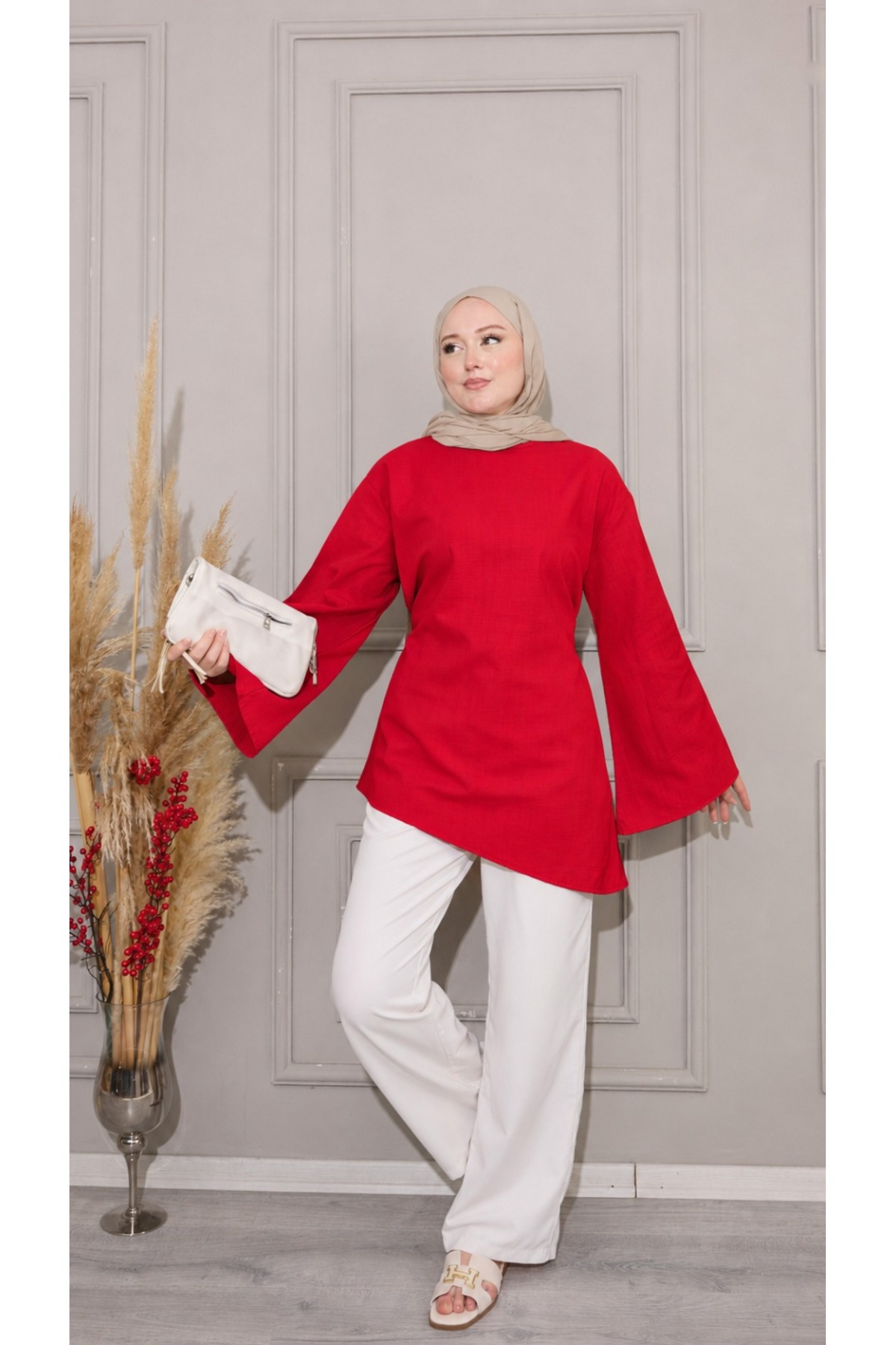 onlymoon Kırmızı %100 Keten Arkadan Bağlamalı Asimetrik Kesim Tunik | Geniş Kollu Doğal Pamuklu Oversize Günlük Tesettür Tunik | Rahat Şık Kadın Üst Giyim görsel 2