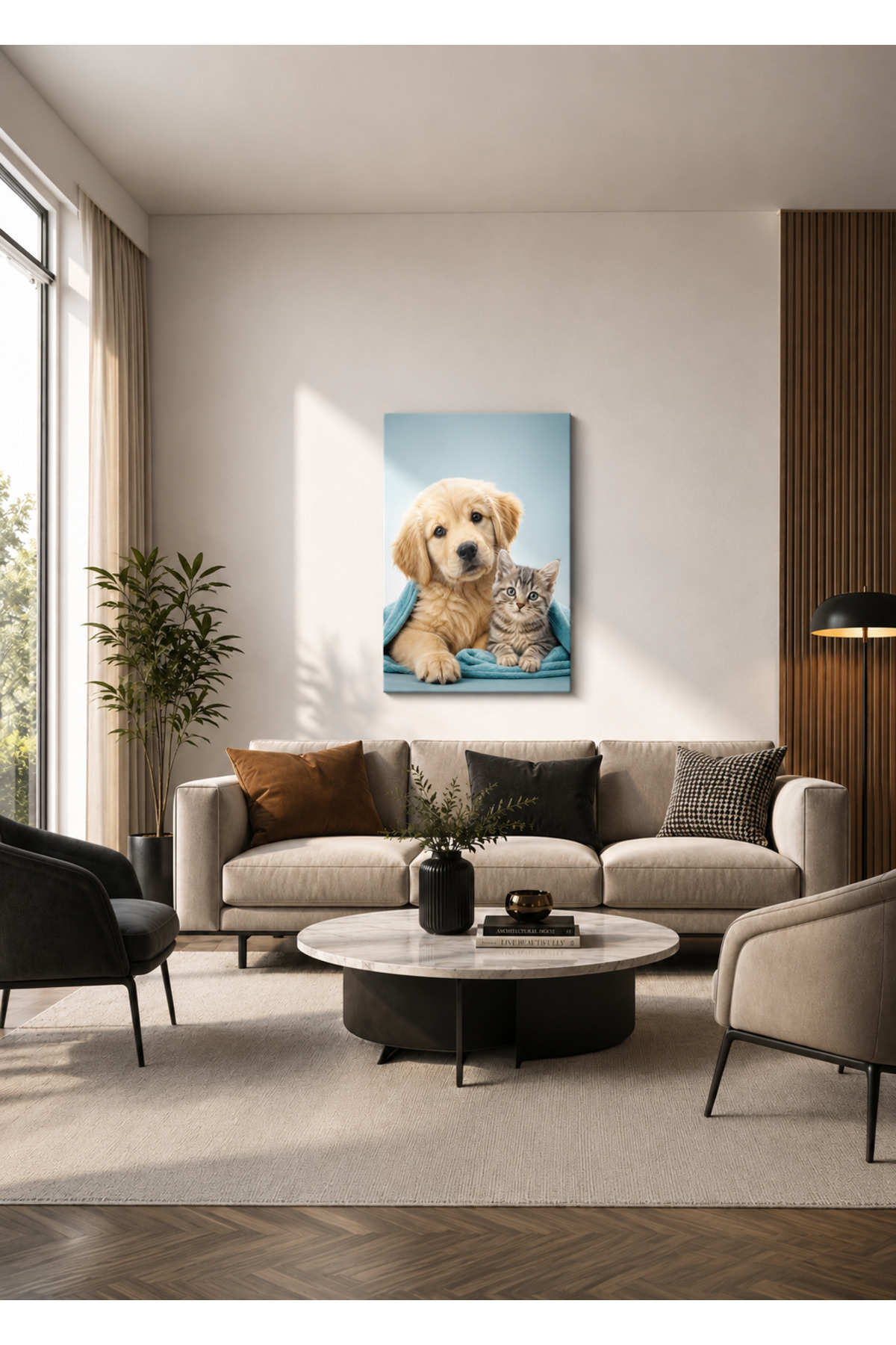 MDF Tablo Sevimli Köpek ve Kedi Yavrusu – Mavi Battaniyeli Ev ve Ofis Duvar Dekorasyonu