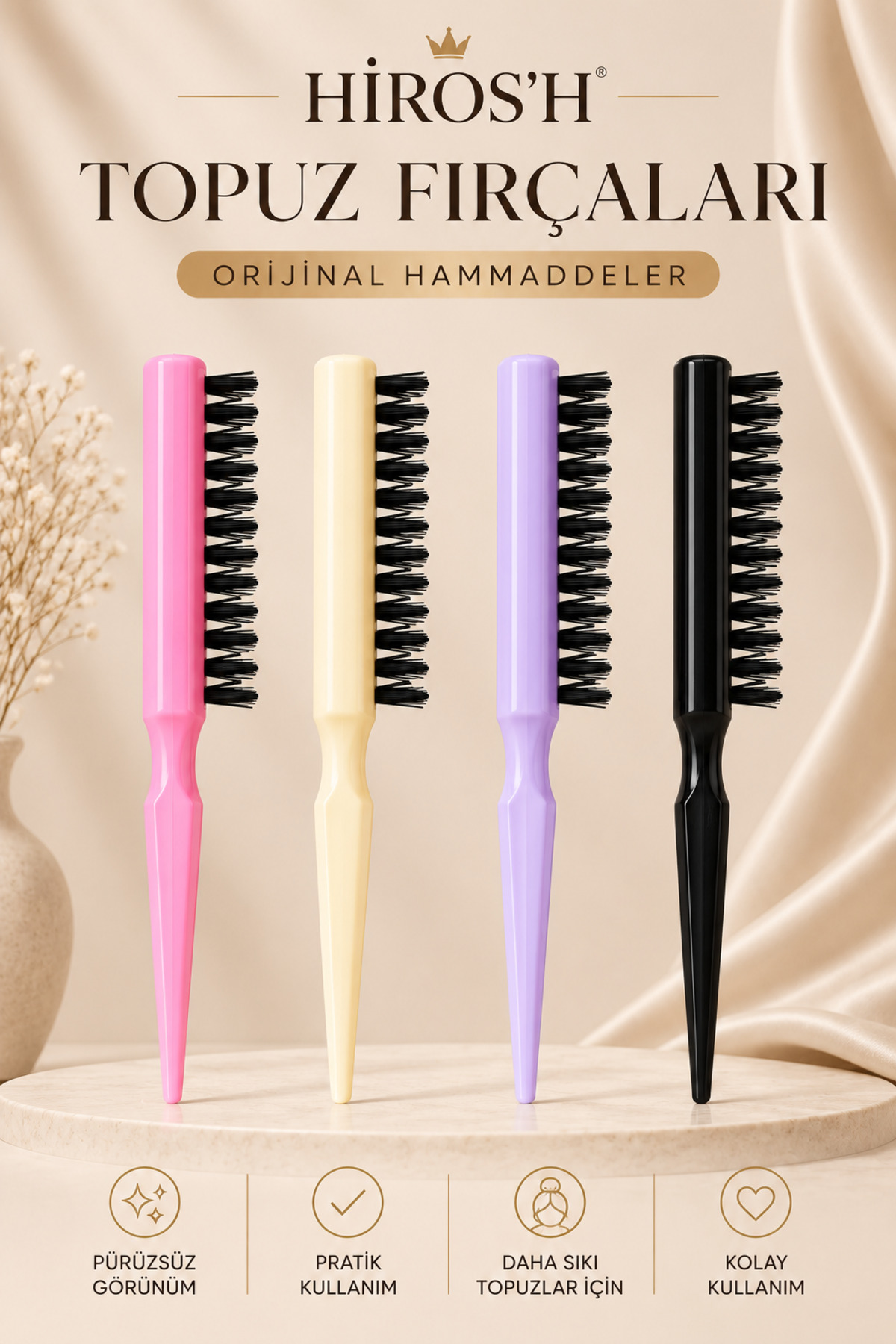 Profesyonel Topuz Fırçası Renkli Stick Wax ve Metal Uçlu Krepe Tarak Seti 3'lü Set — رنگارنگ HRSH Stick wax-topux-krepe — تصویر 4 از 5