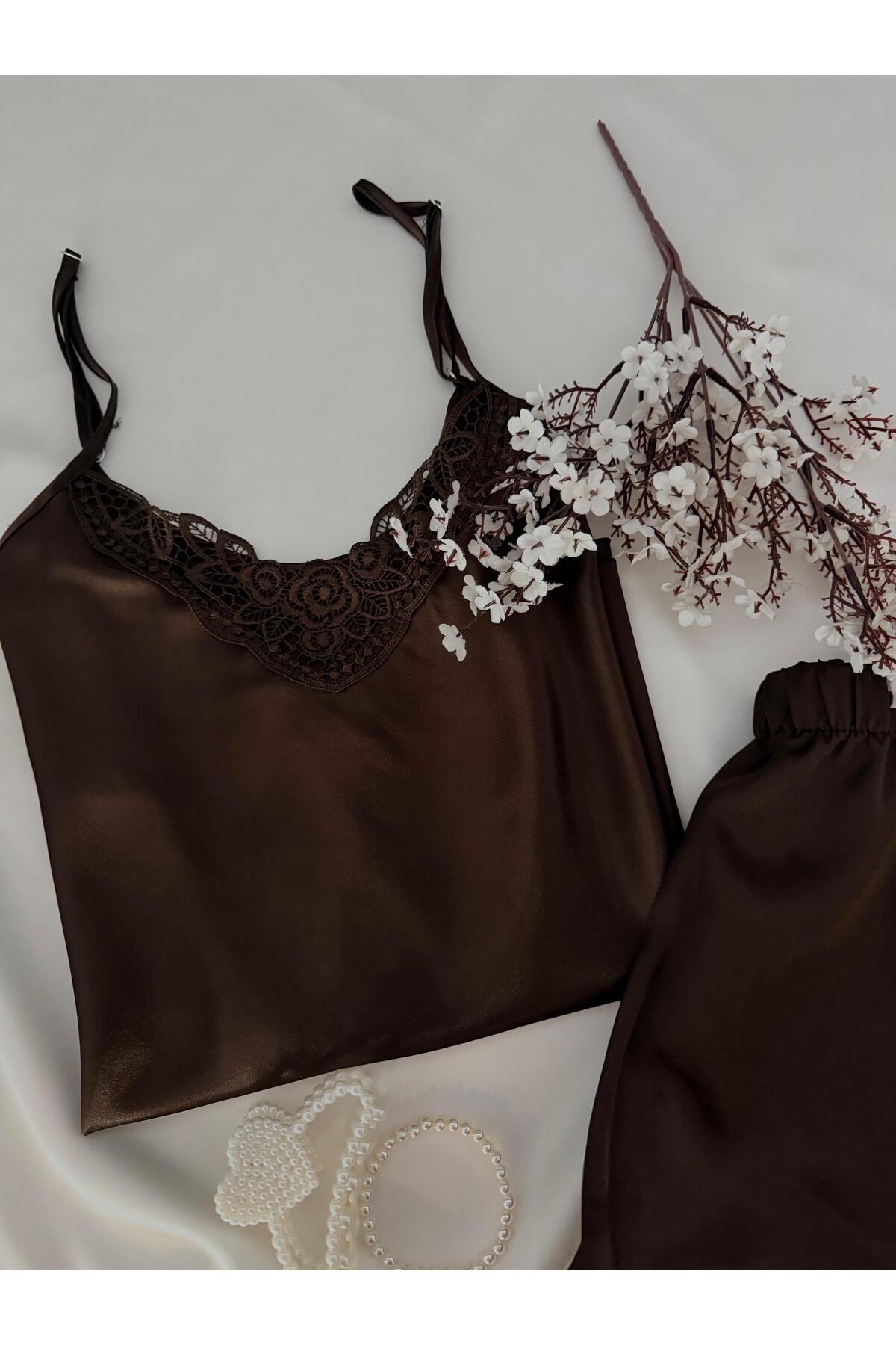 MH Moony Homewears Kahverengi Lüks Saten Şortlu Pijama Takımı görsel 3