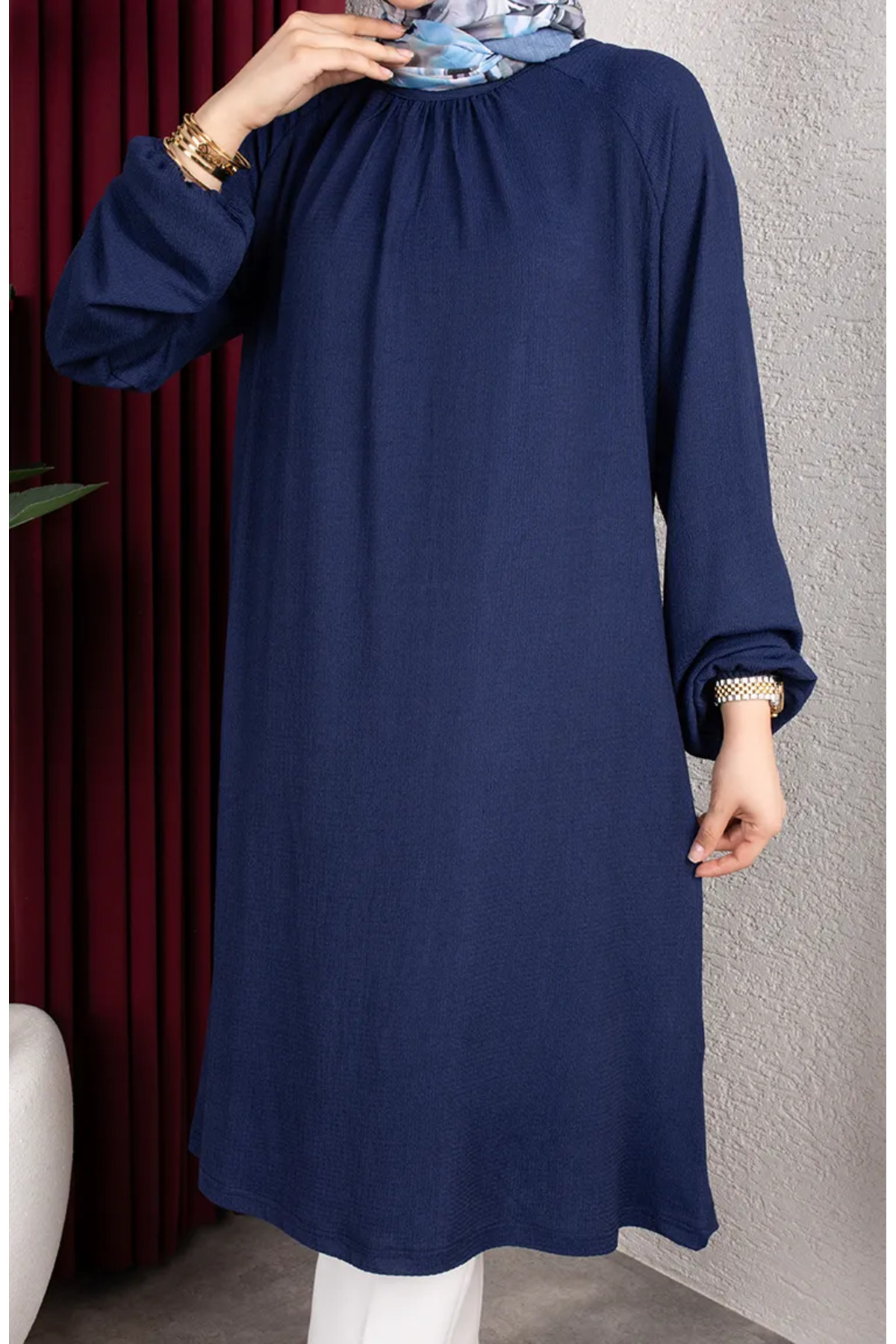 sefamerve Bürümcük Kumaş Reglan Kol Uzun Tunik 0902-05 Lacivert görsel 5