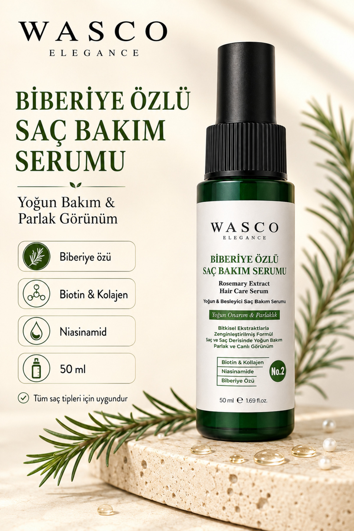 Biberiyeli Saç Bakım Serumu 50 ml | Biberiye, Kafein, Biotin ve Kolajen İçeren Besleyici Saç & Saç Derisi Bakımı — wascobiberiyeserum — تصویر 6 از 8