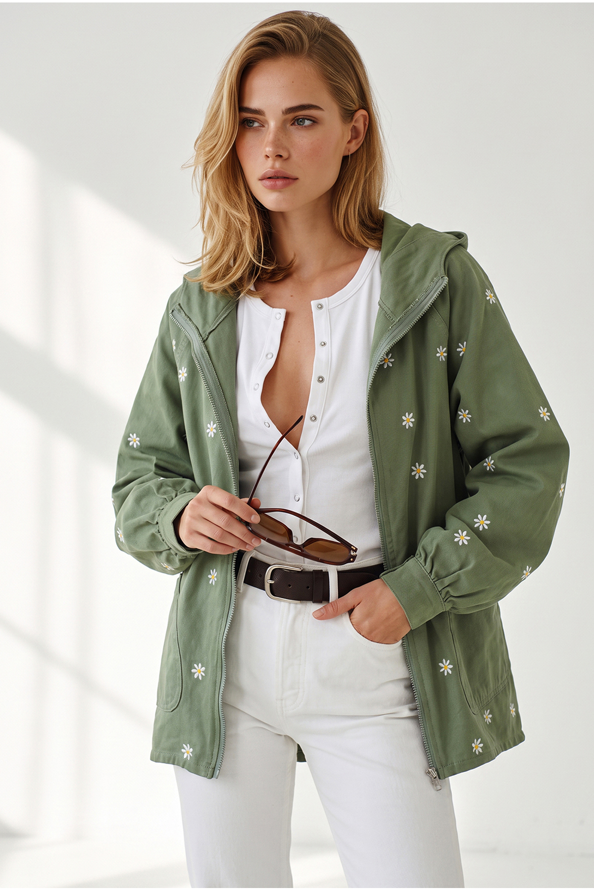 Olalook Kadın Haki Fermuarlı Cepli Kapüşonlu Nakış Detaylı Denim Ceket CKT-19000380 görsel 4