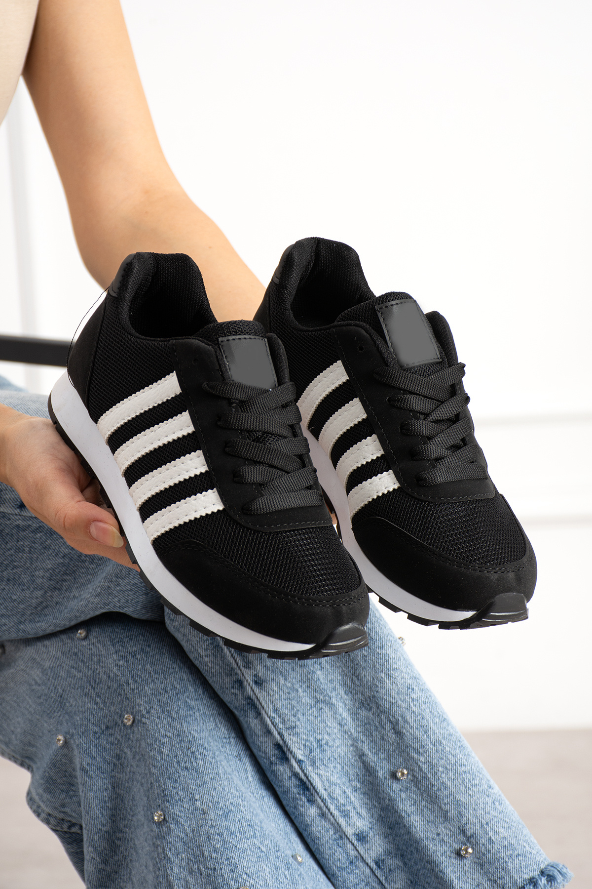 en7 Siyah Beyaz Siyah Unisex Sneaker Spor Ayakkabı Günlük Rahat Hafif Konforlu Bağcıklı Yumuşak Taban Yürüyüş Ayakkabısı MSR09 görsel 4