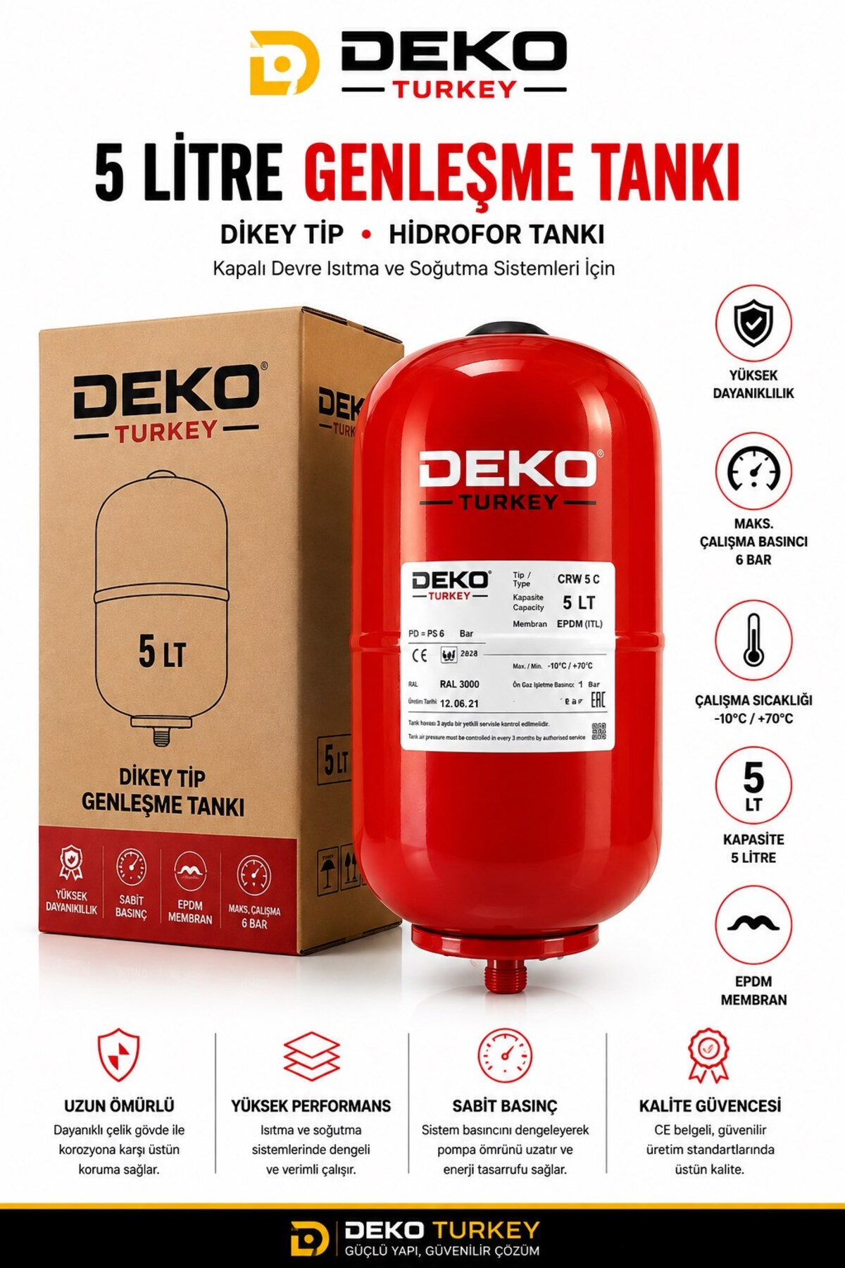 DEKO Turkey 5 LT Genleşme Tankı – EPDM Membranlı Profesyonel Hidrofor Tankı – 6 Bar – Dikey Tip