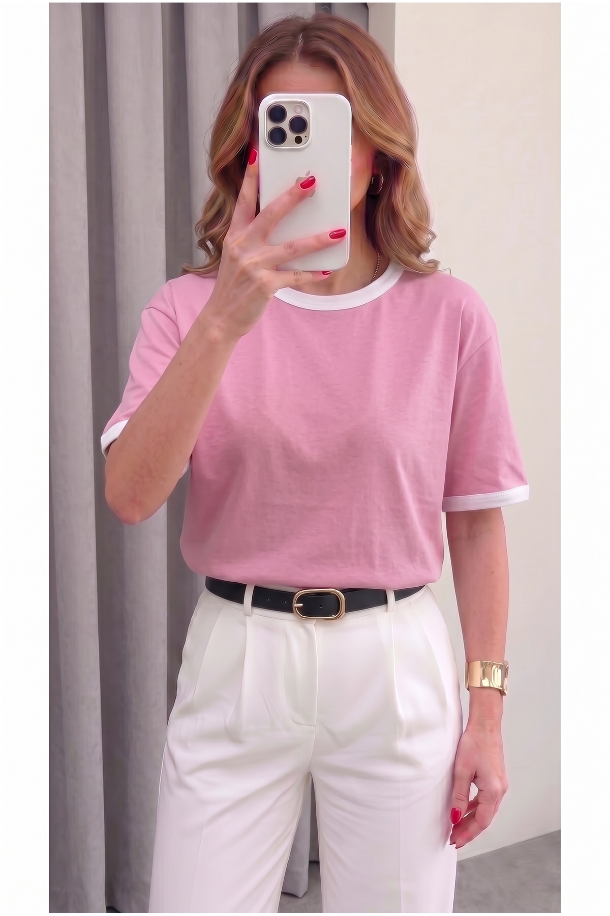 Teenage Millionaire Kadın Şeker Pembe Beyaz Biye Garnili Orta Kalın Soft Kumaş Bisiklet Yaka Yarım Oversize Salaş T-shirt görsel 2