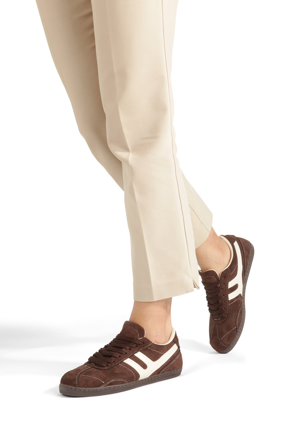 RoseVeno Kadın Kahve Süet Sneaker Günlük Spor Ayakkabı Rahat Retro Süet Detaylı Casual Ayakkabı görsel 2