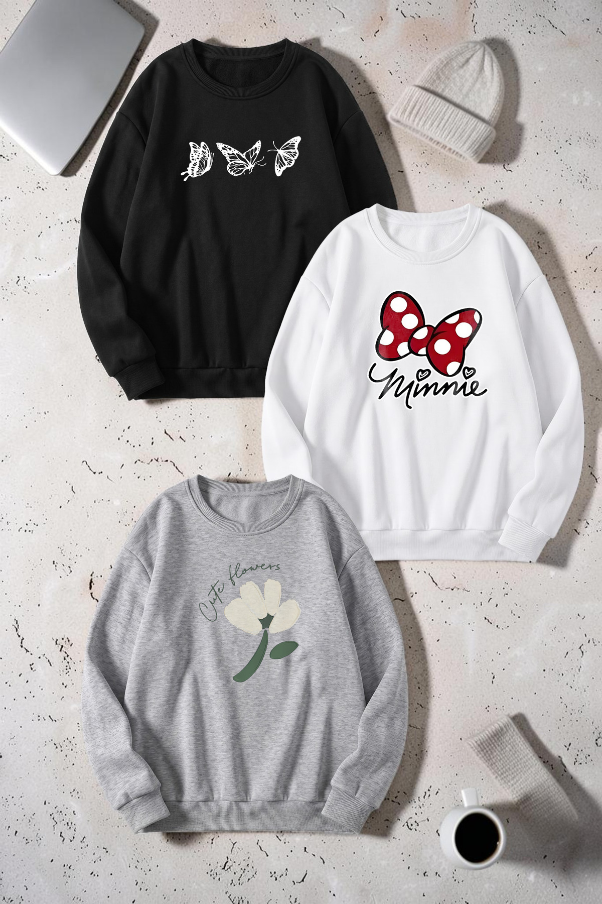 uyguntarz Unisex Mixed Printed Crew Neck Sweatshirt Set – Pack of 3