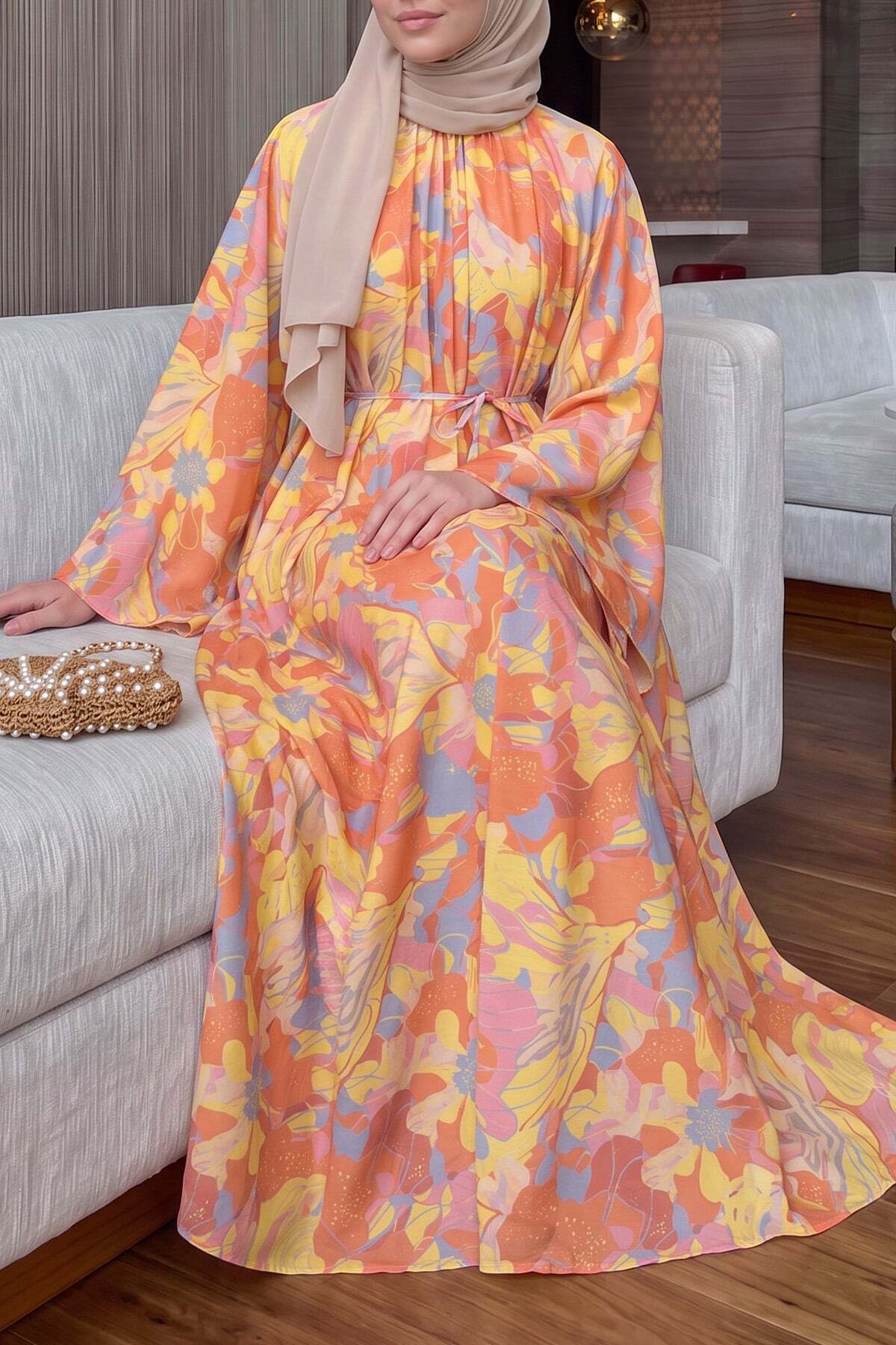 Salih Çelebi Çiçek Desenli Elbise Y0165 - TURUNCU görsel 2