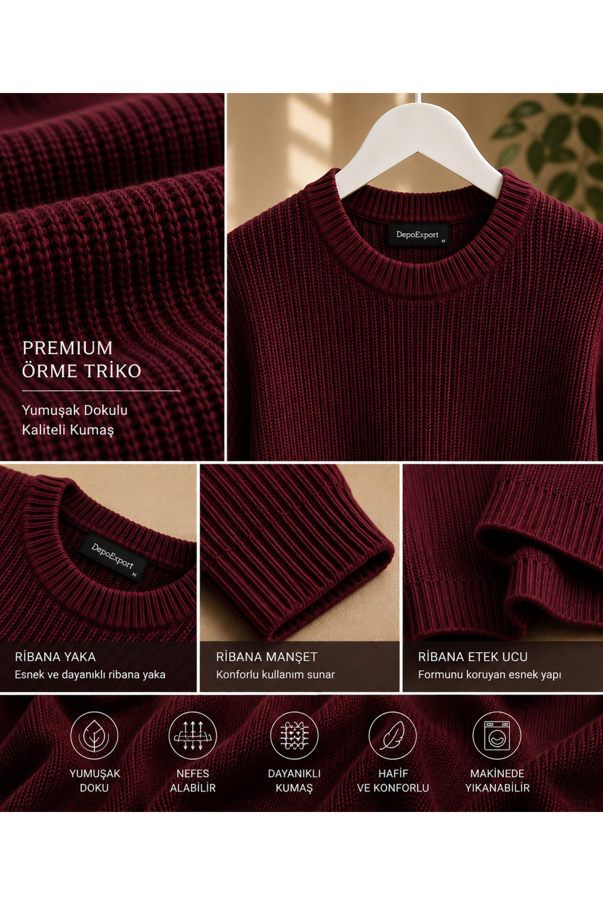 Erkek Premium Oversize Yumuşak Bisiklet Yaka Triko Kazak — زرشکی HSNdrerk125 — تصویر 2 از 2