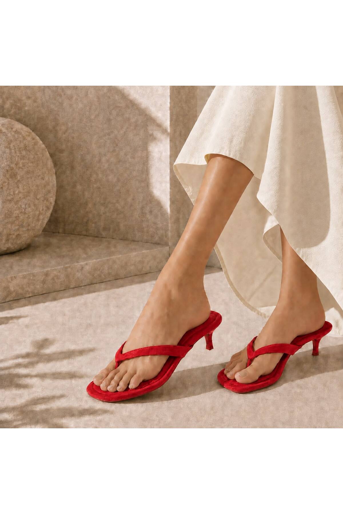 İncimoda Kirmizi Süet Parmak Arası Topuklu Terlik Ortopedik Kadın Sandalet 5cm topuk görsel 2
