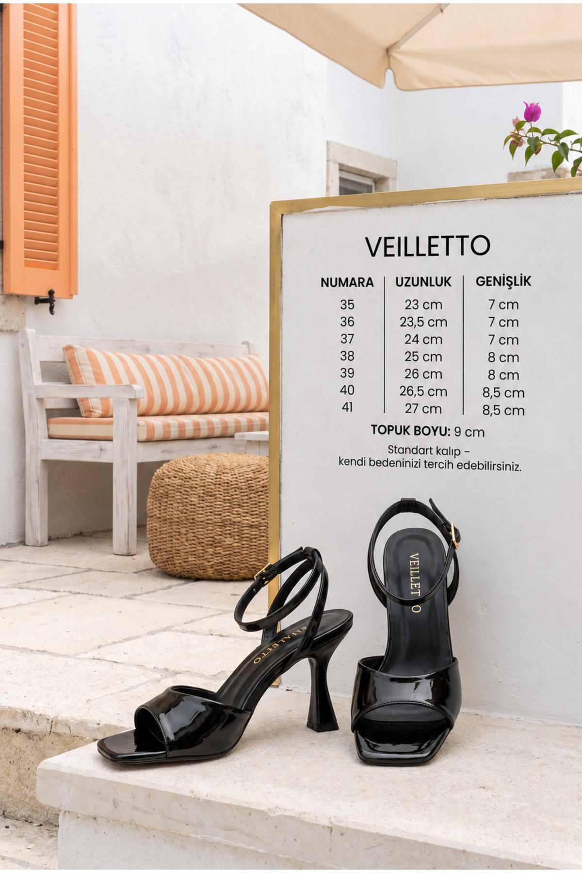 VEİLLETTO Kadın Siyah Rugan Bilekten Bağlamalı İnce Topuklu Açık Burun Sandalet görsel 6