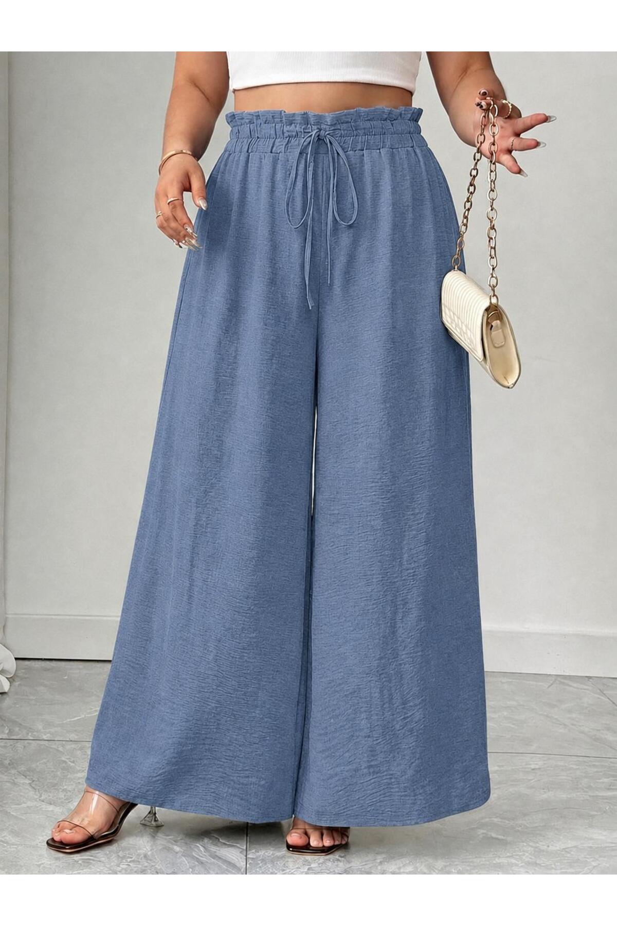 tuzu moda Büyük Beden Ayrobin Bel Lastik Pantolon görsel 5