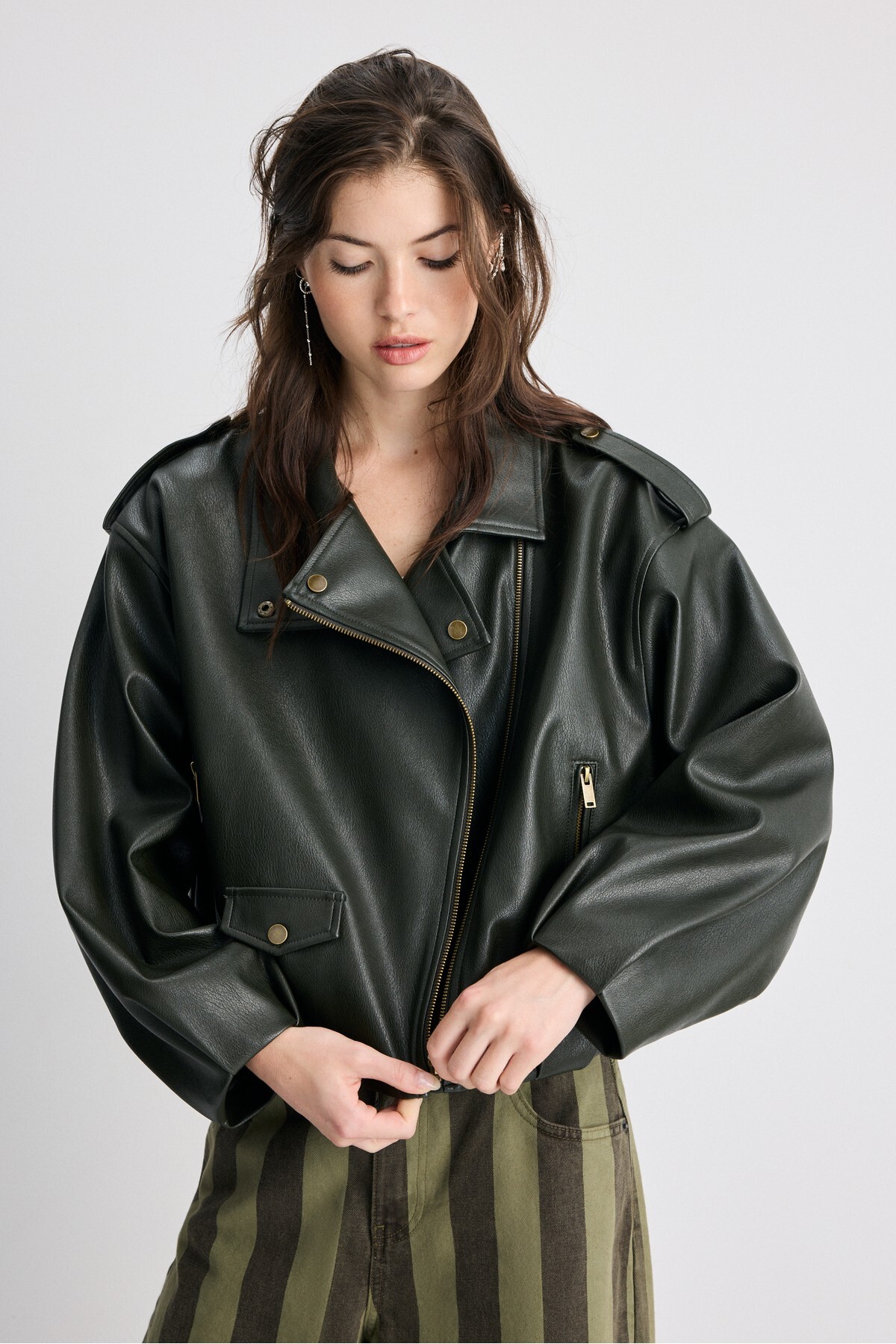 Stradivarius Suni deri balon kollu biker ceket