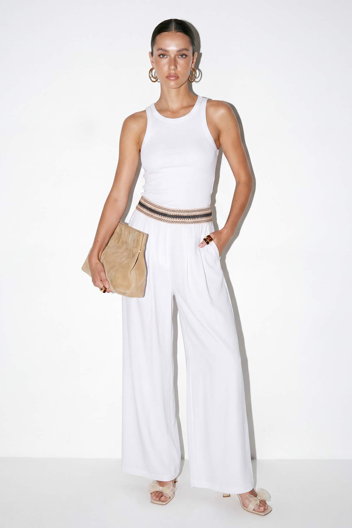 Drop by Trendyolmilla Beyaz Nakışlı Lastikli Bel Geniş Paça Pantolon TDRSS26PL00018