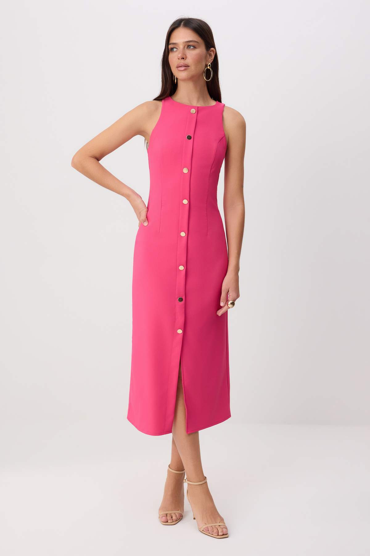 Trendyol Kollektion Fuchsiafarbenes, ärmelloses, gewebtes Midikleid mit Knopf...