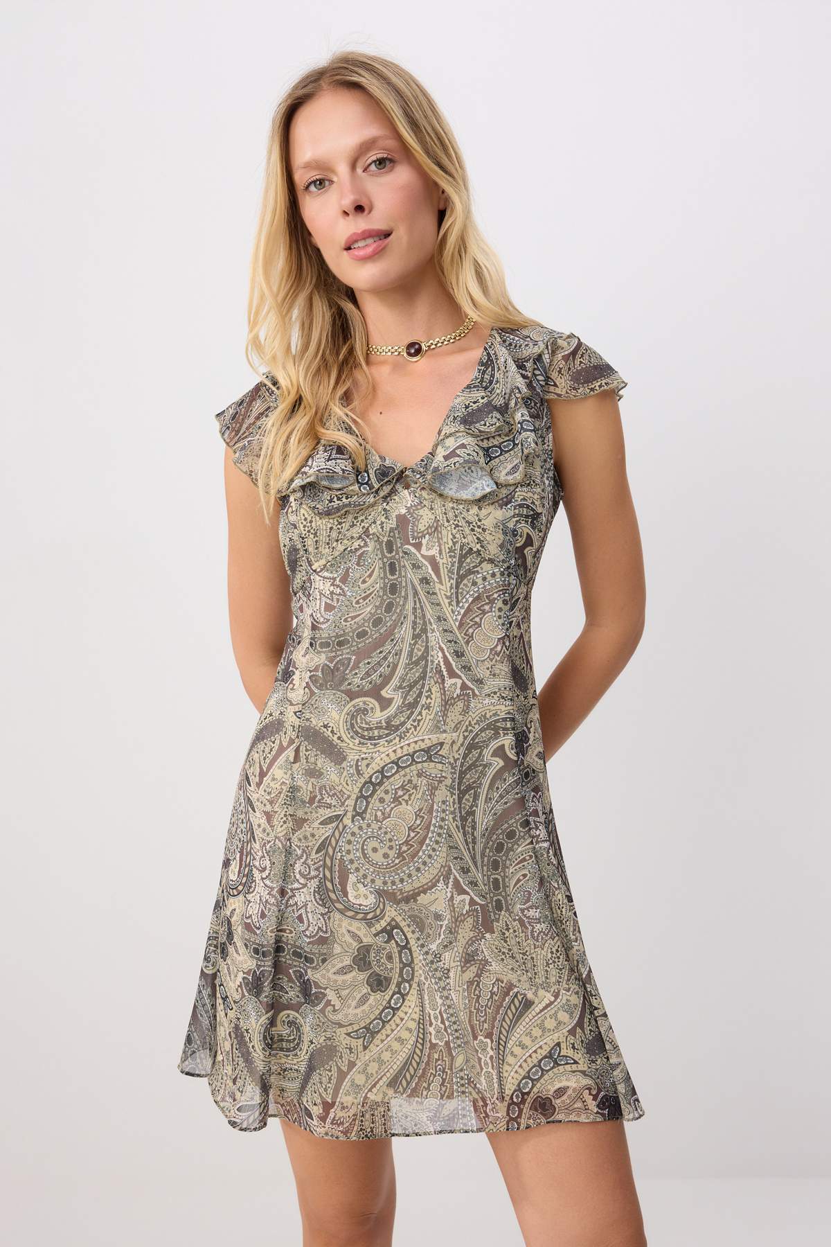Trendyolmilla Sarı-Çok Renkli Çiçekli Kısa / Mini Dokuma Elbise TWOSS26EL00857