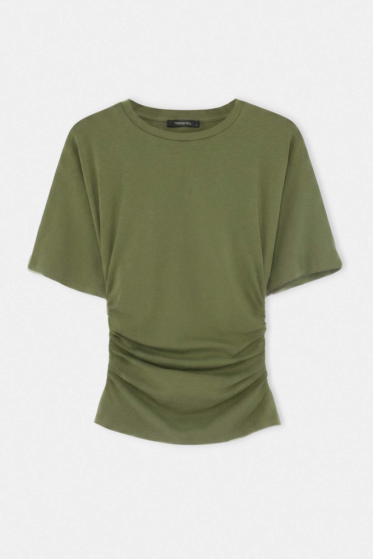 Trendyolmilla Haki Düz Fitted Bisiklet Yaka Truvakar Kol Büzgülü Pamuklu Esnek Örme T-Shirt TWOSS26TS00052