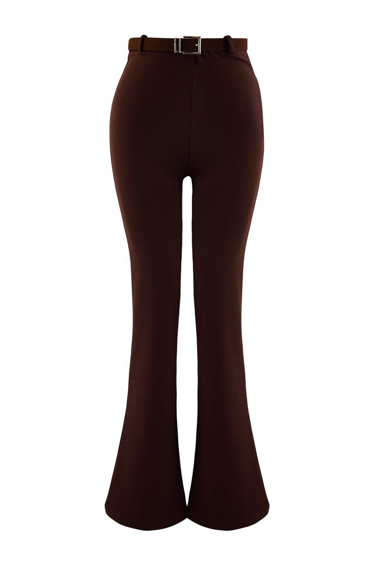 Trendyolmilla Kahverengi Düz Flare Normal Bel Boru Paça Regular Silky İnterlok Örme Pantolon TWOAW27PL00019