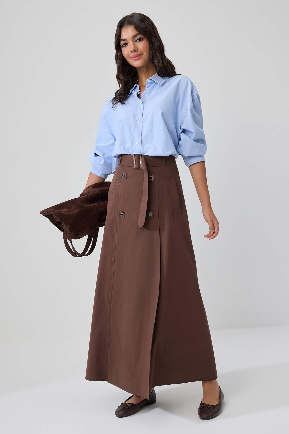 Trendyolmilla Modest Kahverengi Astarsız Düz Dokuma Düğme Detaylı Tesettür Etek TCTSS26EE00008