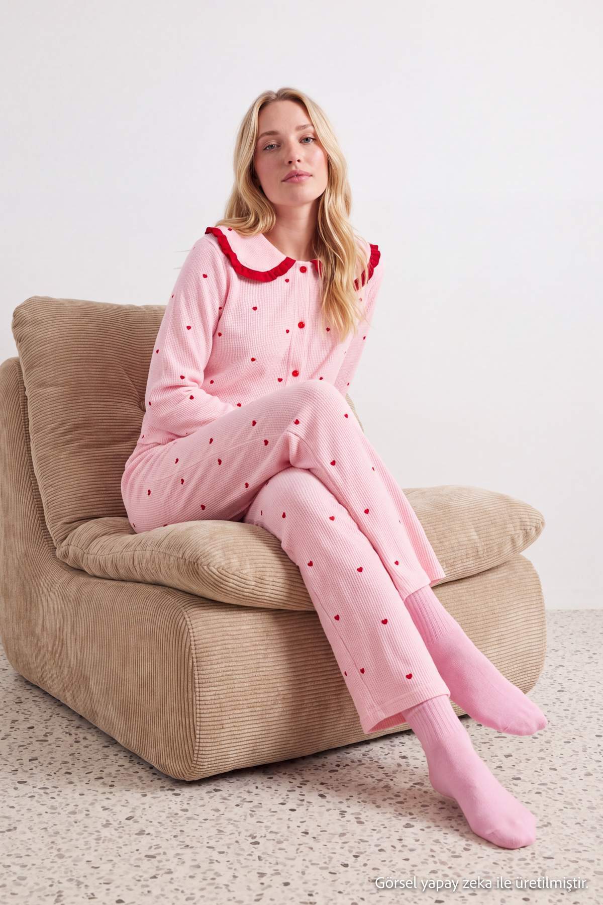 Trendyol Collection Pink Heart Ruffle Waffle Knitted Pajama Set Thmaw27Pt00049