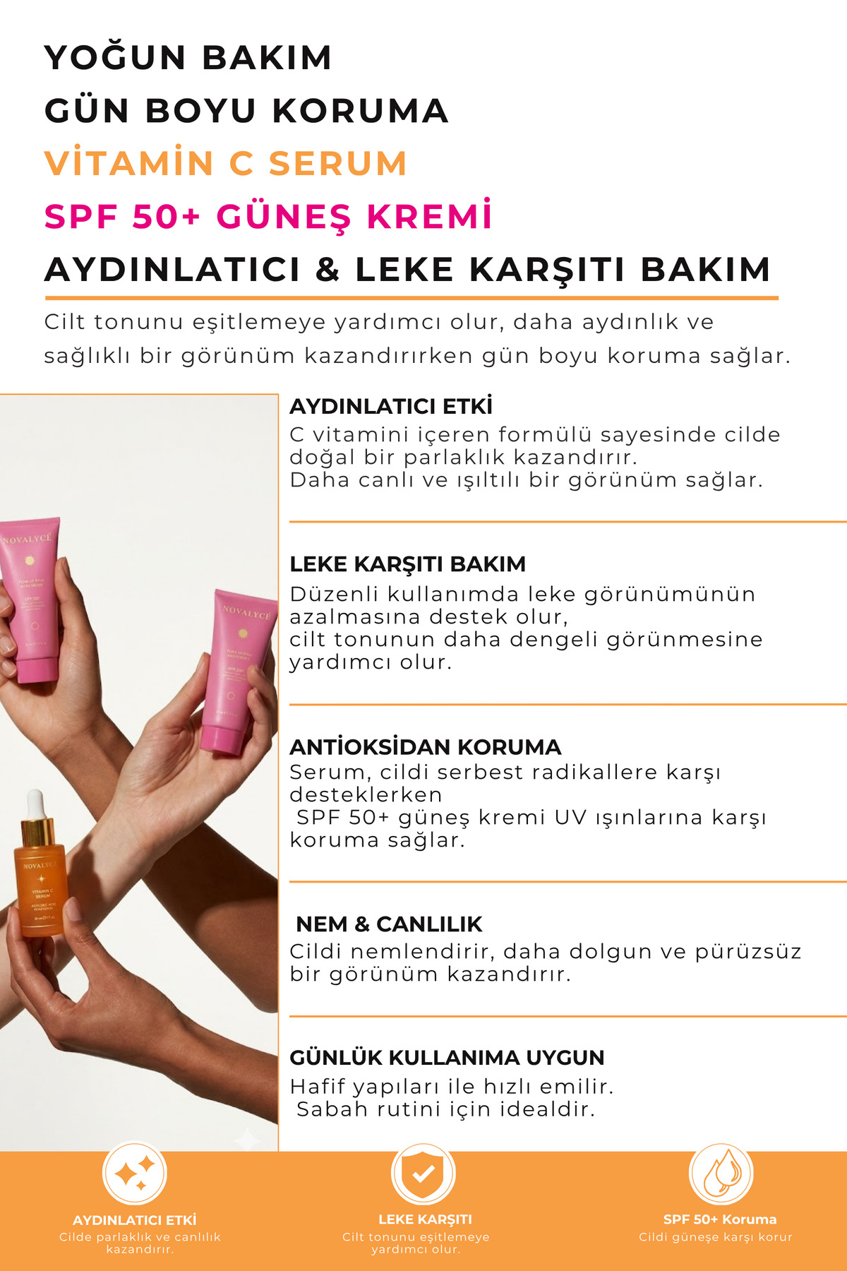 Leke Karşıtı C Vitamini Serum 30ml + SPF 50+ Ton Eşitleyici Pembe Güneş Kremi 50ml Aydınlatıcı Cilt Bakım Seti — ST00004 — تصویر 4 از 5