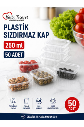 Kalbi Ticaret Plastik Saklama Kabı 250 gr 50 Adet Plastik Kapaklı Kase Sızdır...