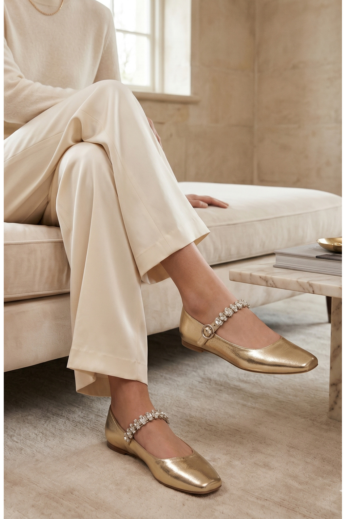 Women's Flat with Gold Gemstone Buckle – Mary Jane Stylish Casual Shoes