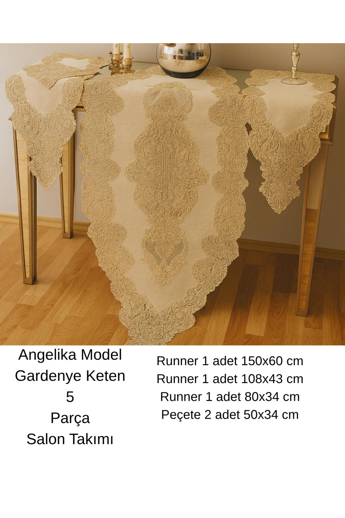 Salon Set Runner Set Cream Linen French Lace Angelica Carefree Dowry Products