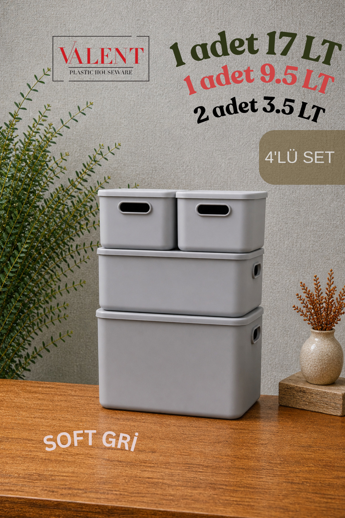 VALENT Nero 4'Lü Set Çok Amaçlı Kapaklı Organizer Kutu Banyo