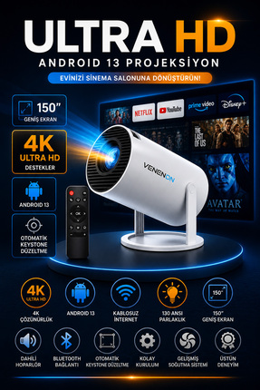 Venenon PRO502 Taşınabilir Android Projeksiyon Cihazı Projektör Telefon PC Ek...