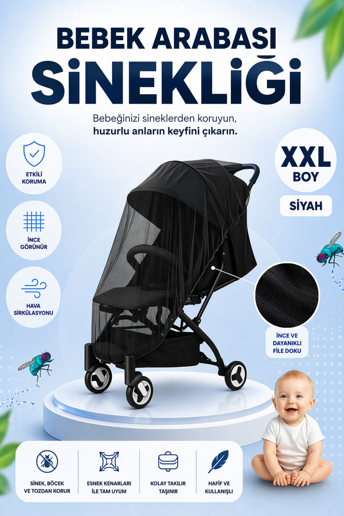 Black Stroller Fly Screen Fits All Stroller & Stroller Models, Elasticated XXL Mosquito Net
