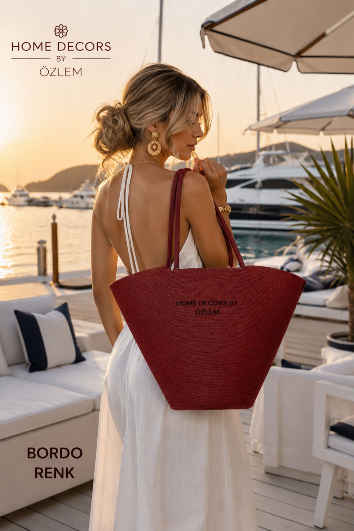 Burgundy Shoulder Bag Beach Bag Casual Bag Straw Bag Handmade - 40~42x30cm