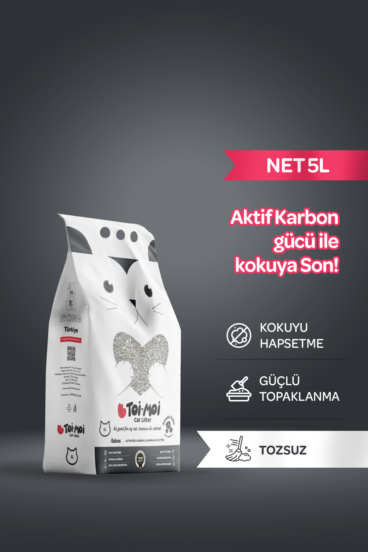 Toi Moi Koku Hapseden, Topaklanan,Tozsuz Aktif Karbonlu Bentonit Kedi Kumu 5kg