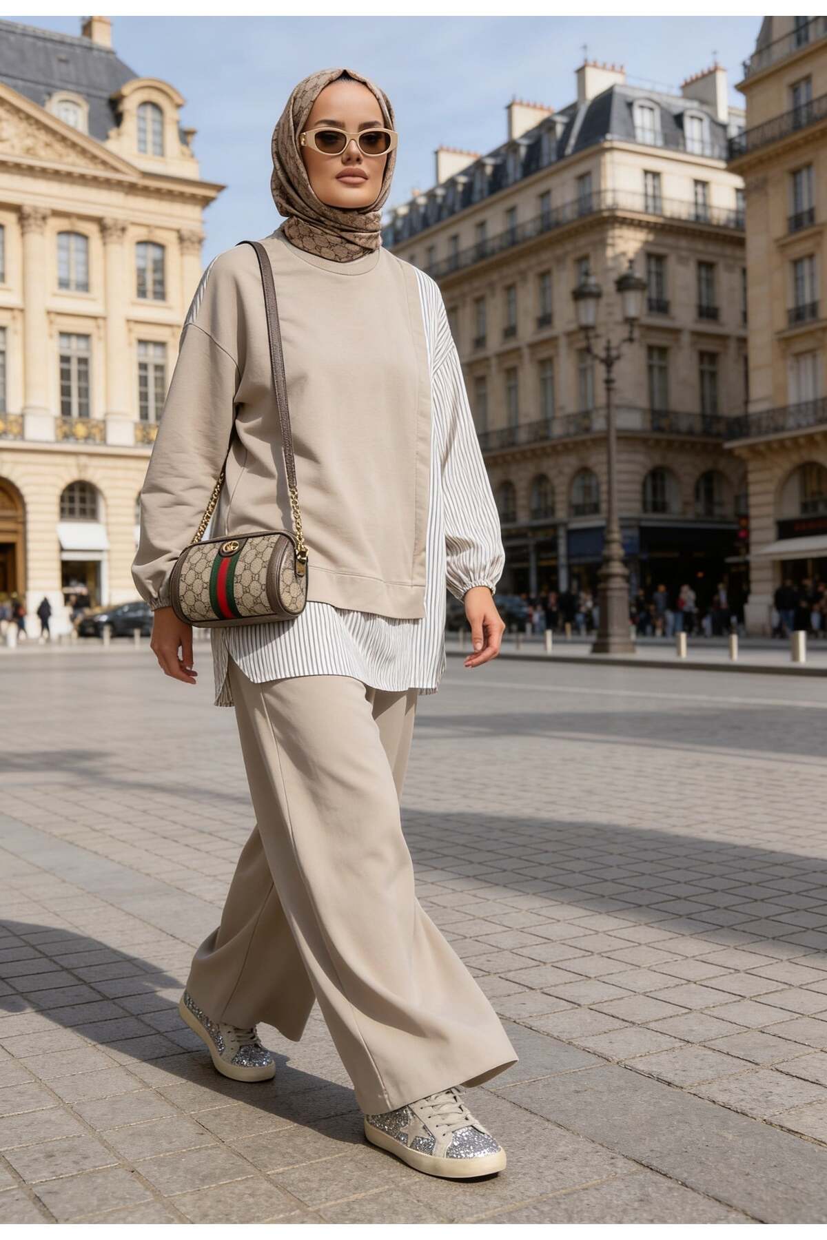 Aselim Hijap Moda Striped Shirt Detailed Tunic Double Suit | Beige with Pockets, Wide Legs and Tunic