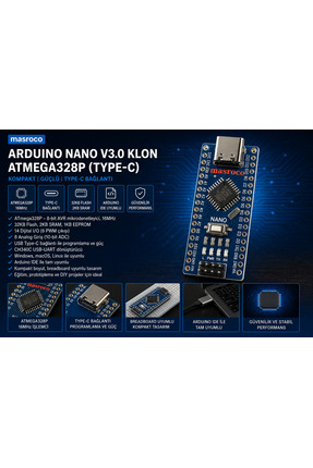 Arduino Nano v3.0 Klon– ATmega328P (Type-C) +Hediye Setli